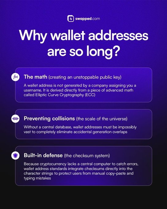 An infographic from swapped.com titled "Why wallet addresses are so long?" explains that wallet addresses use Elliptic Curve Cryptography for security, require immense length to prevent collisions without a central database, and include built-in checksums to guard against copy-paste or typing errors—directly relevant to the caption's question about how many characters users actually verify when handling these lengthy, error-prone strings.