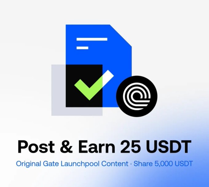 A promotional graphic for Gate.io's Launchpool campaign featuring document, checkmark, and "@" icons, with bold text reading "Post & Earn 25 USDT" and a subtitle "Original Gate Launchpool Content · Share 5,000 USDT" — inviting users to create content about the Gate x Ondo Launchpool event offering $BLKHION rewards and OIP staking opportunities.