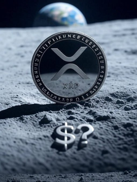 A physical XRP coin rests on the moon's surface with Earth in the background, paired with dollar signs and a question mark, visually echoing the post's bold prediction that XRP could reprice from $1 to $10,000—suggesting a lunar-like, out-of-this-world price trajectory that defies typical retail expectations.