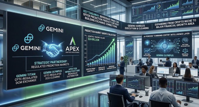 A high-tech trading floor displays large screens highlighting Gemini's strategic partnership with Apex Fintech Solutions, featuring "Gemini Titan: CFTC-Regulated DCM Exchange," "Gemini Olympus: CFTC-Regulated DCO Clearing," and "Gemini Olympus: Expanding from Crypto Niche to Major Financial Growth Area" with a $24 billion monthly trading volume chart. The image visually reinforces Gemini's expansion into regulated prediction markets by showcasing the technological and institutional infrastructure supporting the agreement with Apex.