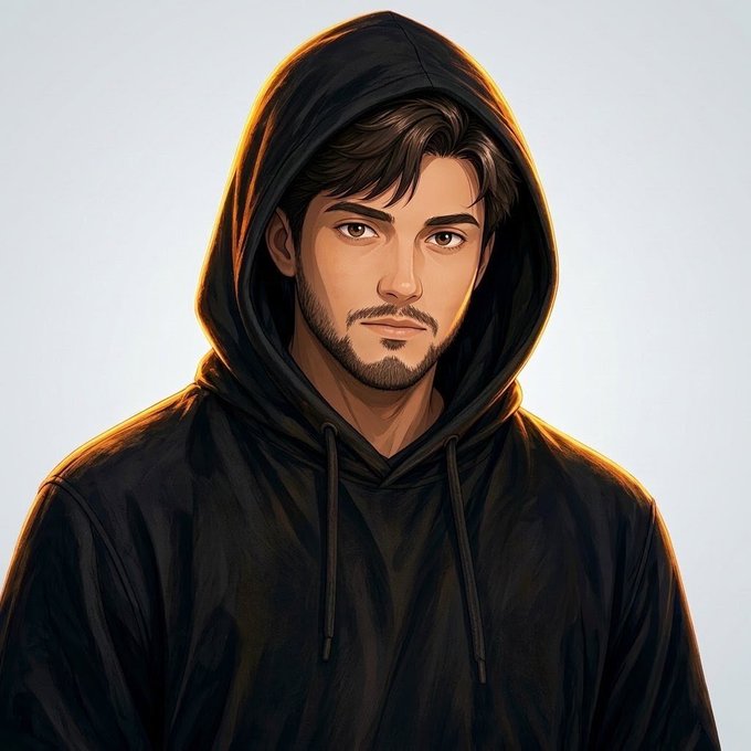 A digital illustration depicts a young man with dark hair and a beard, wearing a black hoodie against a plain background.