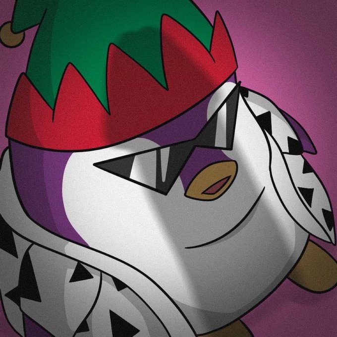 A cartoon-style illustration of a round, white and purple penguin-like character wearing a red and green jester hat with a gold bell.