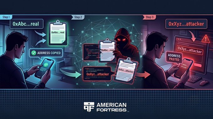An infographic by American Fortress illustrating a 3-step crypto address poisoning scam. Step 1 shows a user copying a real address ('0xAbc...real'), Step 2 shows a hacker intercepting with a similar address ('0xXyz...attacker'), and Step 3 shows the victim pasting the malicious address.