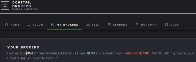 A screenshot of a website titled 'COATTAIL BROKERS MIRROR CONGRESS' showing a 'MY BROKERS' tab with portfolio stats including '$153' backed, '$316' earned, and '142,979 $COAT ($47.15)'.