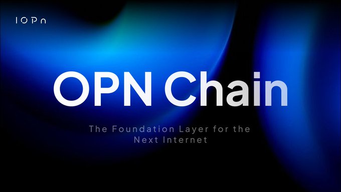 The image features a logo for "OPN Chain" with a blue background, white text, and a black border. Below the logo, there's a caption that reads "OPN Chain was built for what comes after trading: institutions, identity, real-world assets moving on-chain at scale at speed". The post is about a new cryptocurrency called "OPN Chain" which was created to handle transactions in a more efficient and secure manner.