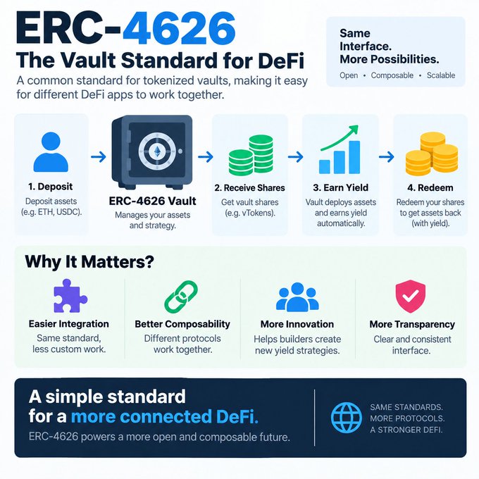 An infographic titled 'ERC-4626: The Vault Standard for DeFi' explaining how the standard works for tokenized vaults, with steps from deposit to redemption.