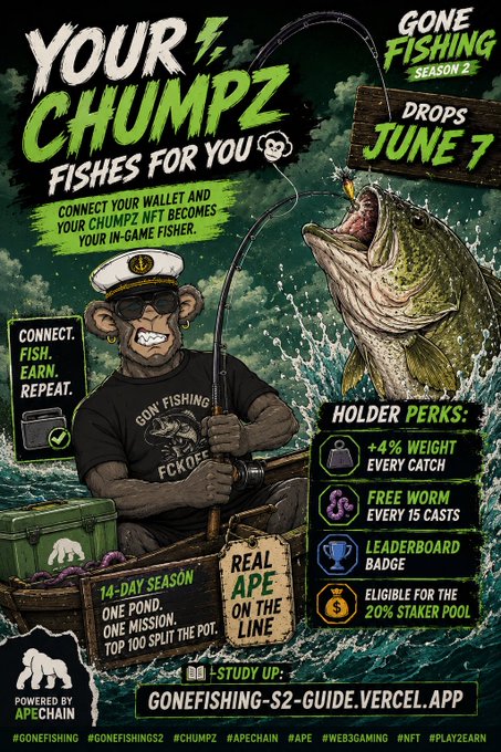 The image shows a poster advertising a game called "Your Chumpz Fishes For You" that allows players to fish from a boat while wearing a hat, with a cartoon monkey holding a fishing rod. The poster also includes information about the game's features and upcoming seasons. The text on the poster encourages people to connect their accounts and play the game for free.