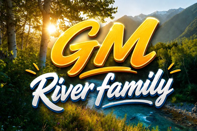 A vibrant graphic design featuring the text 'GM River family' in stylized gold and white lettering, set against a scenic background of mountains, trees, and a flowing river.