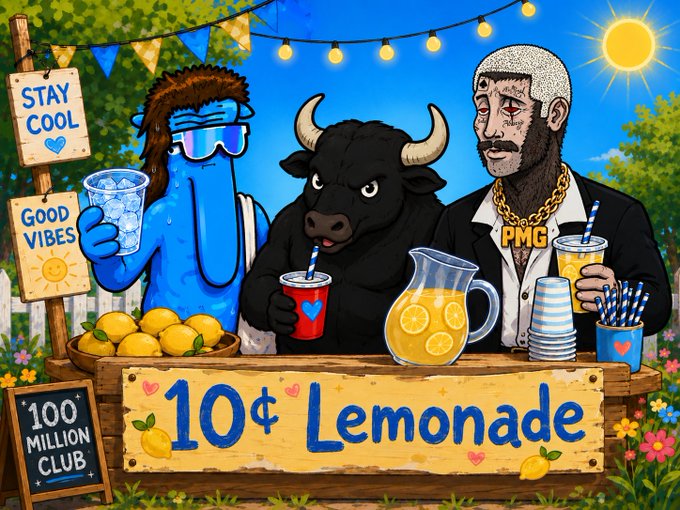 A vibrant cartoon lemonade stand scene features a blue sunglasses-wearing character, a bullish black bull, and a bearded man with "PMG" gold chains and a bleeding-eye tattoo selling "10¢ Lemonade" under a "Stay Cool, Good Vibes" sign, with a "100 MILLION CLUB" board nearby. The image humorously ties into the post's PATTYICE memecoin message, framing the "bagworkers" as cheerful lemonade vendors striving to support an Ansem airdrop and climb to higher levels.