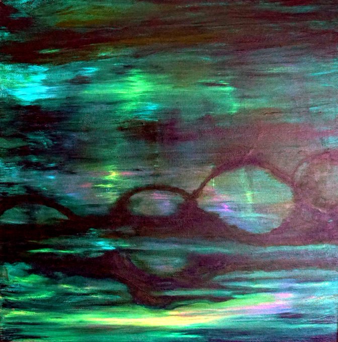 An abstract artwork featuring shimmering teal, green, and purple brushstrokes with circular ring-like shapes against a dark background, resembling reflections on water or an iridescent surface.
