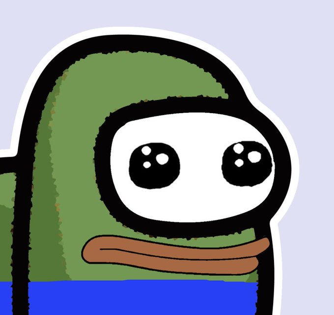 A sticker-style drawing of a sad green Pepe the Frog character with large tearful eyes and a brown frown on a light purple background.
