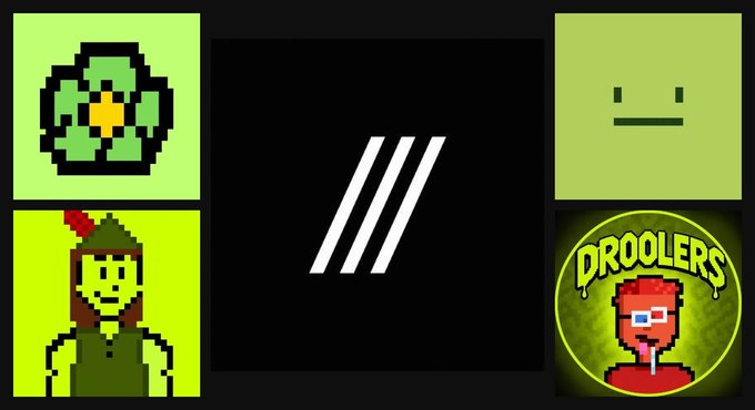 A collage featuring four pixel art designs on green backgrounds, including a flower, a neutral face, a girl in a green hood, and a 'DROOLERS' logo, separated by diagonal lines.