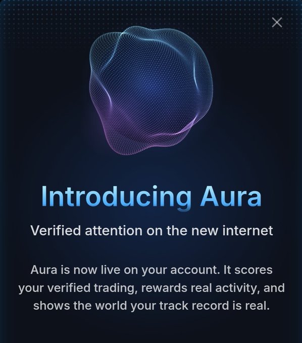 An introduction screen for 'Aura,' describing it as 'Verified attention on the new internet' that scores verified trading and rewards real activity.