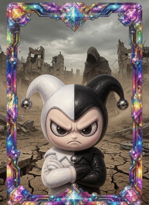 A stylized artwork features a jester character in black and white with arms crossed, framed by a colorful crystal border, with a hooded figure standing in a ruined landscape behind them.