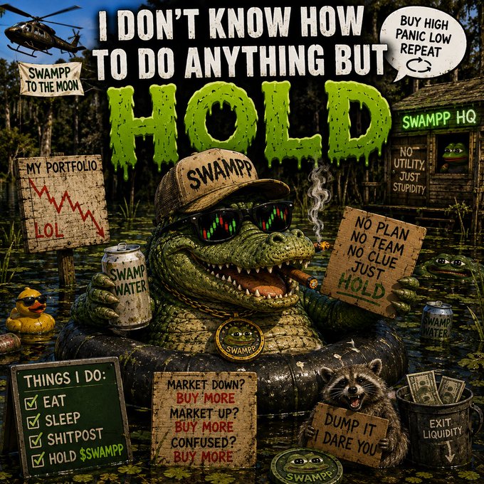 The image is a meme featuring an alligator wearing a "SWAMPP" cap, sunglasses, and gold chain, sitting in a swamp holding a can of "SWAMPP Water" and a cigar, surrounded by signs reading "I DON'T KNOW HOW TO DO ANYTHING BUT HOLD," "BUY HIGH PANIC LOW REPEAT," "MY PORTFOLIO [red downward chart] LOL," and "NO PLAN NO TEAM NO CLUE JUST HOLD," alongside a "THINGS I DO: EAT, SLEEP, SHITPOST, HOLD $SWAMPP" checklist. It humorously captures the post's theme of unapologetically holding through a plummeting $SWAMPP chart with zero strategy—just vibes, diamond hands, and a refusal to check the exit liquidity.