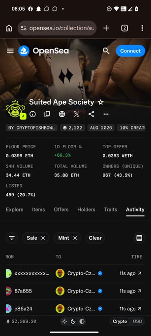 A mobile screenshot of the OpenSea NFT marketplace showing the "Suited Ape Society" collection activity page, with a floor price of 0.0399 ETH and multiple mints by "Crypto-Cz...".