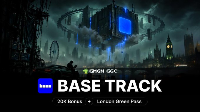 A dark futuristic London-themed banner shows a hovering structure above Big Ben and the London Eye, with the logos/text “GMGN GGC,” “BASE TRACK,” “20K Bonus,” and “London Green Pass.”
