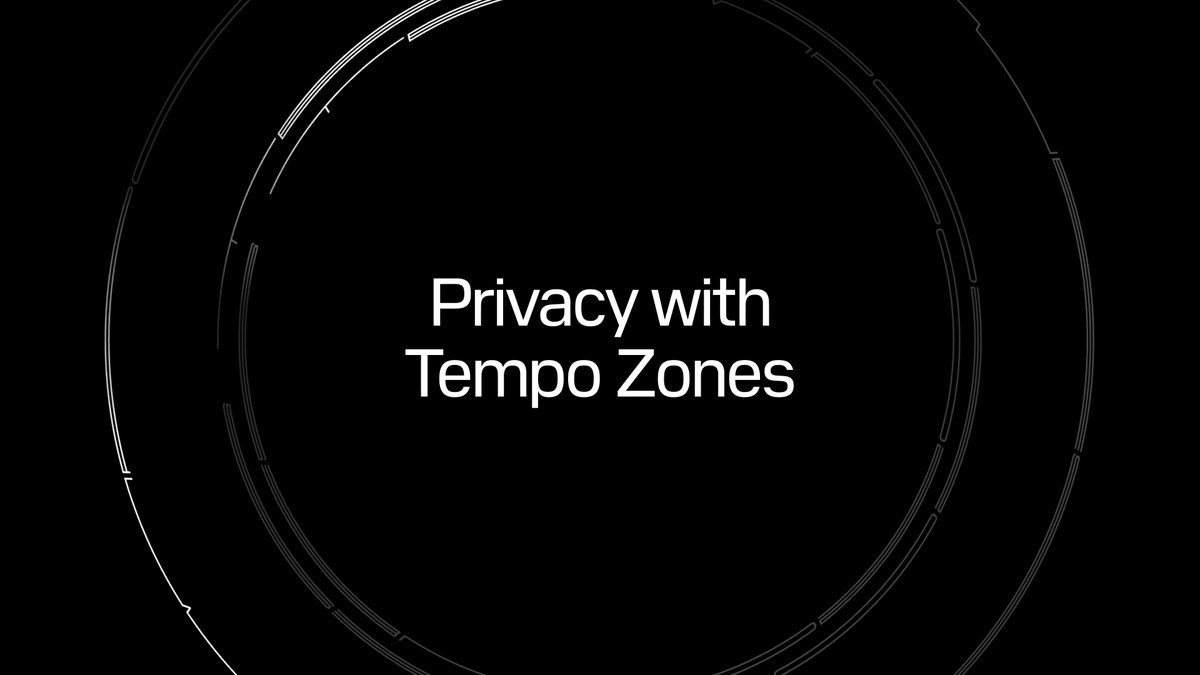 White text reading 'Privacy with Tempo Zones' is centered on a black background with faint, circular, futuristic gray rings.