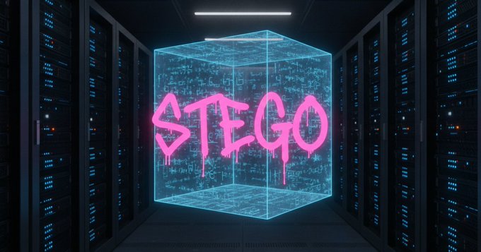 A glowing cyan cube filled with code sits between rows of server racks, with the word "STEGO" spray-painted in dripping pink across its center, evoking hidden data embedded in a digital vault—fitting the post about inscribing a message on Quip Network's Genesis Block, where steganography-like inscription is part of the quantum revolution.
