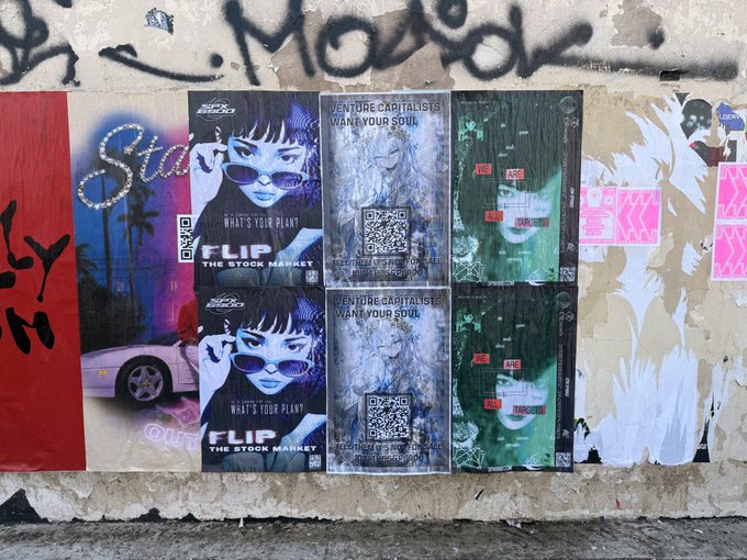 A pair of wheatpaste posters featuring $SPX6900 artwork on a graffiti-covered wall in Los Angeles, with visible text including "VENTURE CAPITALISTS WANT YOUR SOUL," "FLIP THE STOCK MARKET," and QR codes, matching the post's announcement about recent SPX6900 poster placements around LA.
