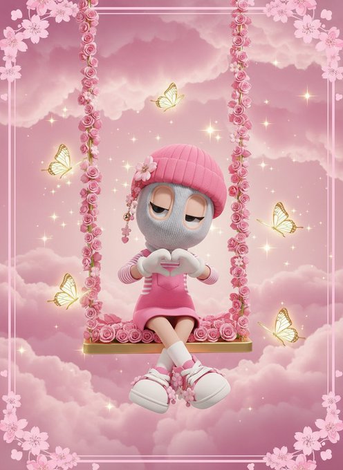 A pink fantasy-themed illustration shows a blue-gray doll character seated on a rose-decorated swing, surrounded by clouds, flowers, sparkles, and butterflies, wearing a pink hat and outfit.