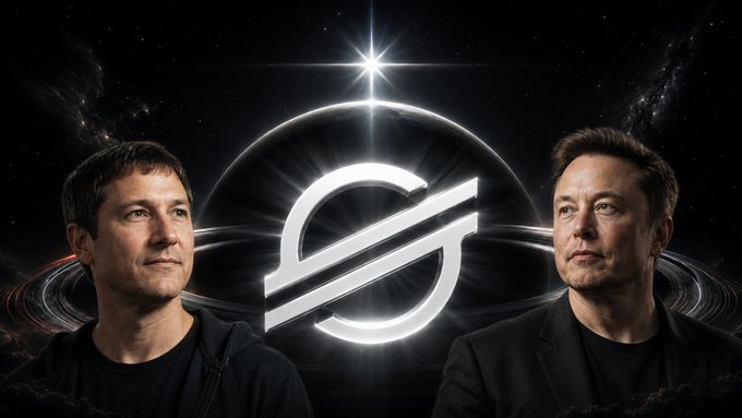 Two men stand on either side of a glowing Stellar (XLM) logo against a cosmic backdrop, visually reinforcing the post's theme of occult symbolism connecting the cryptocurrency's stellar name and its "Lumen" (light) token to cosmic and esoteric imagery.
