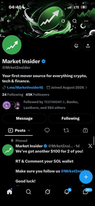 A mobile screenshot shows the 'Market Insider' X/Twitter profile (@MrketInsider) with a pinned post offering '$100' to followers who reply and comment with their 'SOL wallet'.