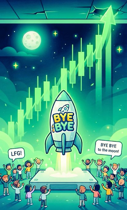 A cartoonish illustration depicting a rocket ship with the text 'BYE (BYE)' launching upwards from a tablet, surrounded by cheering people, with a stock chart and moon in the background; speech bubbles read 'LFG!' and 'BYE BYE to the moon!'.