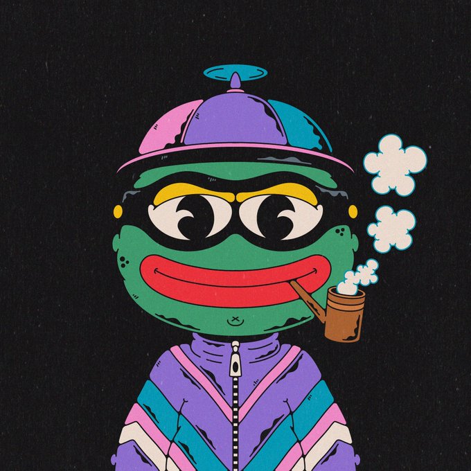 Stylized illustration of a green Pepe the Frog character wearing a purple and teal outfit, smoking a pipe with smoke forming flower shapes against a black background.