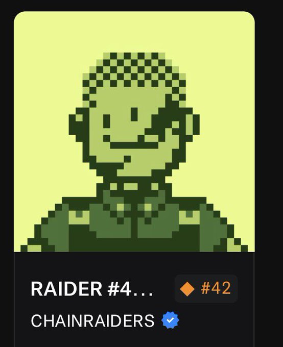 Pixel art portrait of a smiling character titled 'RAIDER #4...' by CHAINRAIDERS, displayed on a light green background with a verified badge.