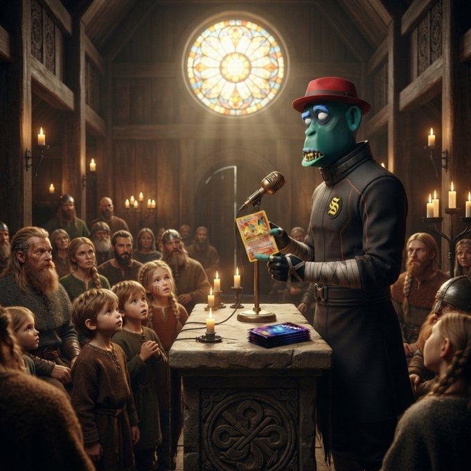 A teal-skinned character in a black uniform and red hat stands at a stone lectern in a candle-lit wooden hall, holding up a trading card while addressing a crowd of medieval-style villagers under a stained-glass rose window.