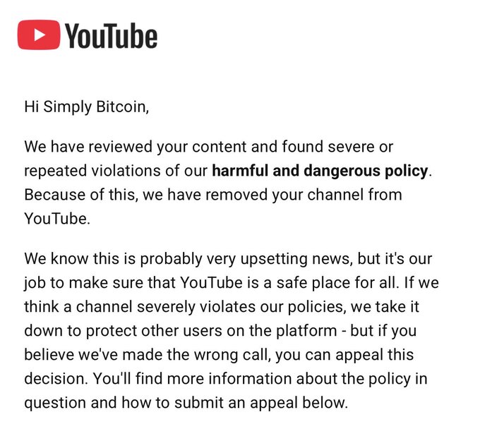 A YouTube notice addressed to “Simply Bitcoin” says the channel was removed for “severe or repeated violations” of the “harmful and dangerous policy” and explains that the decision can be appealed.