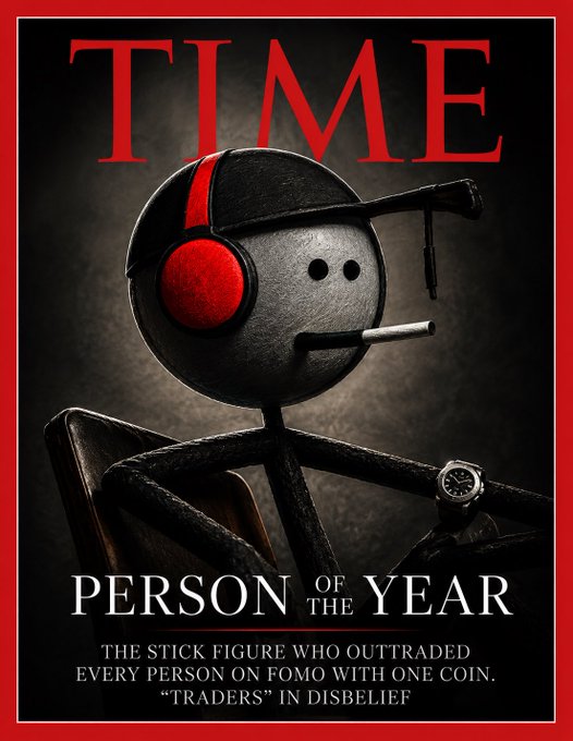 A TIME magazine "Person of the Year" cover parody featuring a stick figure wearing red headphones and a backwards cap while smoking a cigarette, captioned "THE STICK FIGURE WHO OUTTRADED EVERY PERSON ON FOMO WITH ONE COIN. 'TRADERS' IN DISBELIEF," referencing the $DRB cryptocurrency and FOMO traders celebrated in the accompanying post.