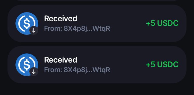 A screenshot of two cryptocurrency transaction notifications showing "Received +5 USDC" from the address 8X4p8j...WtqR on a dark-themed wallet app.