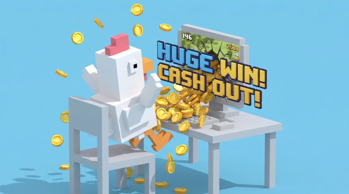 A Minecraft-style 3D render of a white chicken/duck character sitting at a computer desk celebrating "HUGE CASH WIN! CASH OUT!" with gold coins exploding from the screen.