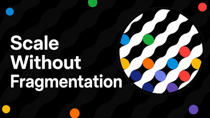 A promotional graphic featuring the bold text "Scale Without Fragmentation" alongside a circular logo with colorful dots on a wavy black-and-white pattern, visually reinforcing the message that Solana can achieve higher throughput through JAM without fragmenting liquidity across bridges.