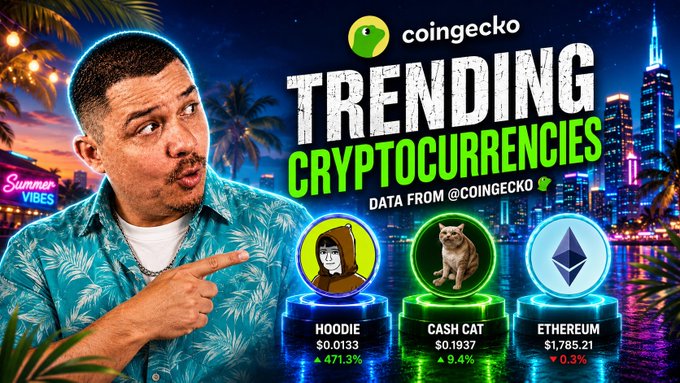 A YouTube thumbnail titled 'TRENDING CRYPTOCURRENCIES - DATA FROM @COINGECKO' showing a man in a Hawaiian shirt pointing to cryptocurrency tokens including HOODIE ($0.0133, +471.3%), CASH CAT ($0.1937, +9.4%), and ETHEREUM ($1,785.21, -0.3%) against a neon city backdrop.