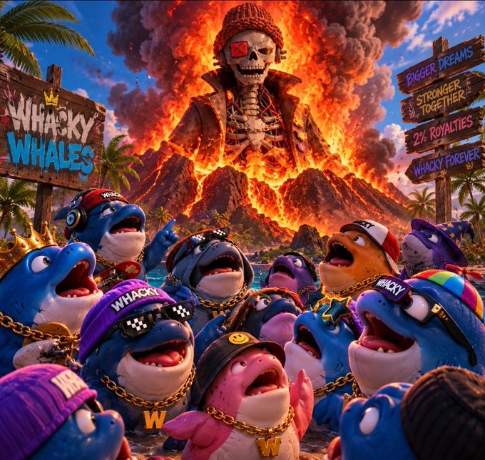 A vibrant digital illustration of various 'WHACKY WHALES' cartoon characters reacting in shock to a giant flaming skull erupting from a volcano in the background, with signs reading 'BIGGER DREAMS', 'STRONGER TOGETHER', '2% ROYALTIES', and 'WHACKY FOREVER'.