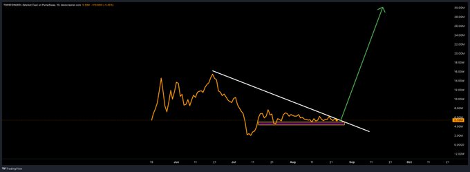 A TradingView chart of the cryptocurrency token $TOES/USDT shows price action consolidating in a tight range around $5-6 on the 4-hour timeframe, with a descending trendline from late June indicating compression, while a large green arrow projects an imminent breakout upward toward $20+.