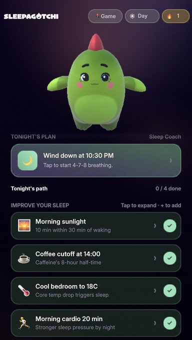 The image shows the Sleepagotchi app interface featuring a cute green cactus-like character mascot, with a "Tonight's Plan" section recommending a 10:30 PM wind-down and 4-7-8 breathing exercise, plus a checklist of sleep improvement habits including morning sunlight, a 2:00 PM coffee cutoff, cooling the bedroom to 18°C, and 20 minutes of morning cardio—all marked as complete. This aligns with the post by showcasing the gamified sleep-tracking and habit-building features of the Sleepagotchi Quest Hub that make building $SLEEP points feel engaging and rewarding.