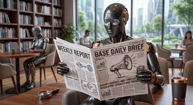 A humanoid robot sits in a cafe reading a newspaper titled 'BASE DAILY BRIEF' featuring 'WEEKLY REPORT' and 'MARKET INSIGHTS AND FORECASTS REGULATORY UPDATES AND TRENDS.'