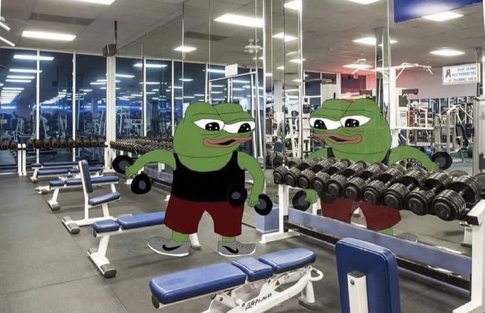 A Pepe the Frog cartoon character is edited into a photo of a gym, appearing to lift a dumbbell in front of a mirror with a rack of weights nearby.