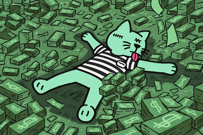A cartoon cat with stitched-up eyes and a striped shirt lies sprawled amid piles of dollar bills, with its tongue hanging out as if knocked out by wealth—evoking the "knocked out by riches" meme to promote the upcoming "MINTING TOMORROW" NFT drop on October 9th at 1 PM UTC (Supply: 2,000, Price: 0.00035 ETH), which leverages Zama's encryption technology so that each NFT's contents remain private to its owner.
