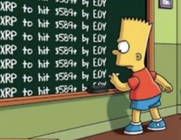 Bart Simpson writes on a chalkboard filled with lines reading "XRP to hit $589 by EOY," parodying a famous Simpsons meme format.