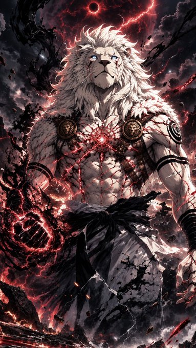 A detailed digital illustration of a white-haired lion warrior with blue eyes, glowing red energy emanating from its chest and background, and tribal-style body markings.
