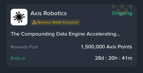 A Binance Wallet Exclusive promotion for 'Axis Robotics' offering 1,500,000 Axis Points as a rewards pool, ending in 28d : 20h : 41m.