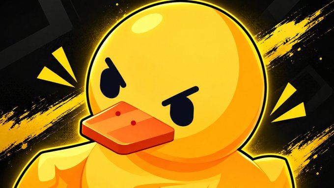 A cartoon illustration of an angry yellow duck character with furrowed brows, set against a black and yellow paint-splatter background.