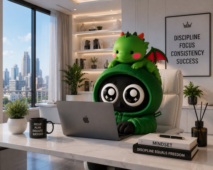 A 3D-rendered scene of a green dinosaur-costumed character working on a MacBook with a small dragon companion on its head, surrounded by motivational items and books titled 'MINDSET' and 'DISCIPLINE EQUALS FREEDOM'.