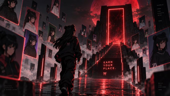 An anime-style digital artwork shows a dark figure walking up red-lit stairs toward a glowing portal under a blood moon, with floating portraits and the text 'EARN YOUR PLACE.'