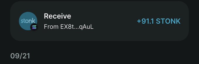 A transaction notification showing a receive of '+91.1 STONK' from address EX8t...qAuL on date 09/21.